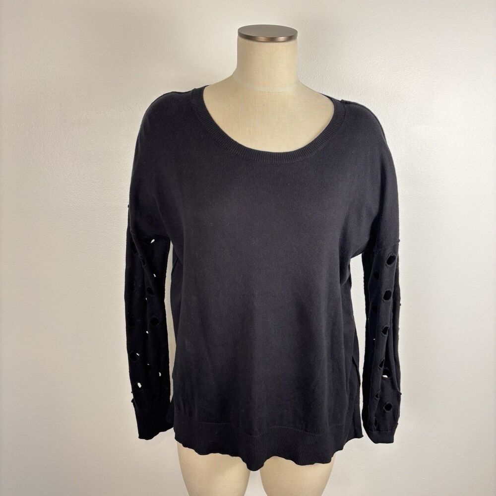 J Society Womens L Black Cut Out Holey Sleeve Pullover Lightweight Sweater